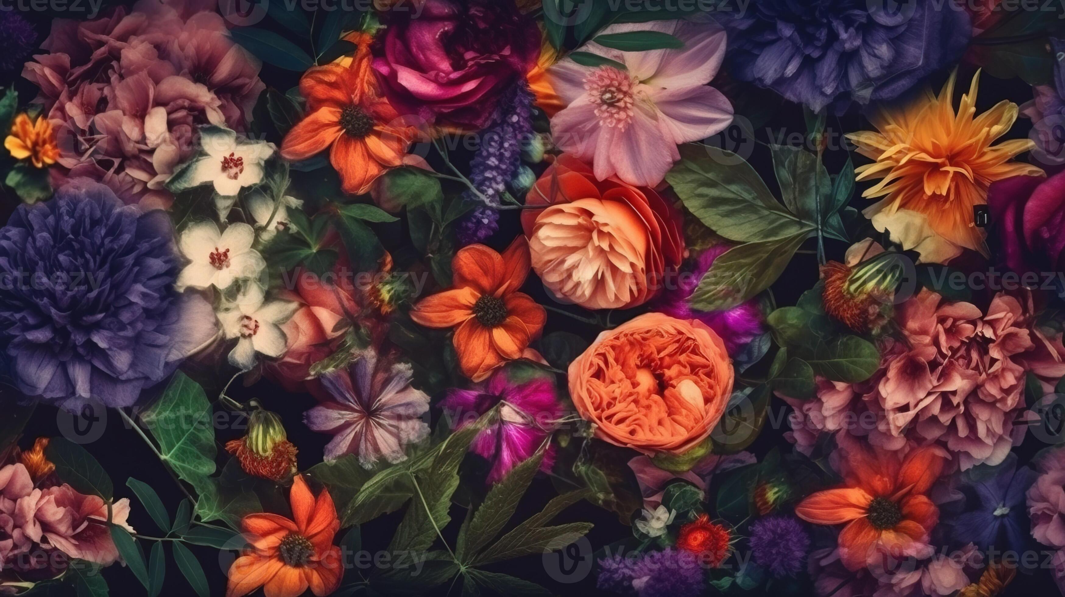 Texture of live mixed european multicolored blooming flowers for