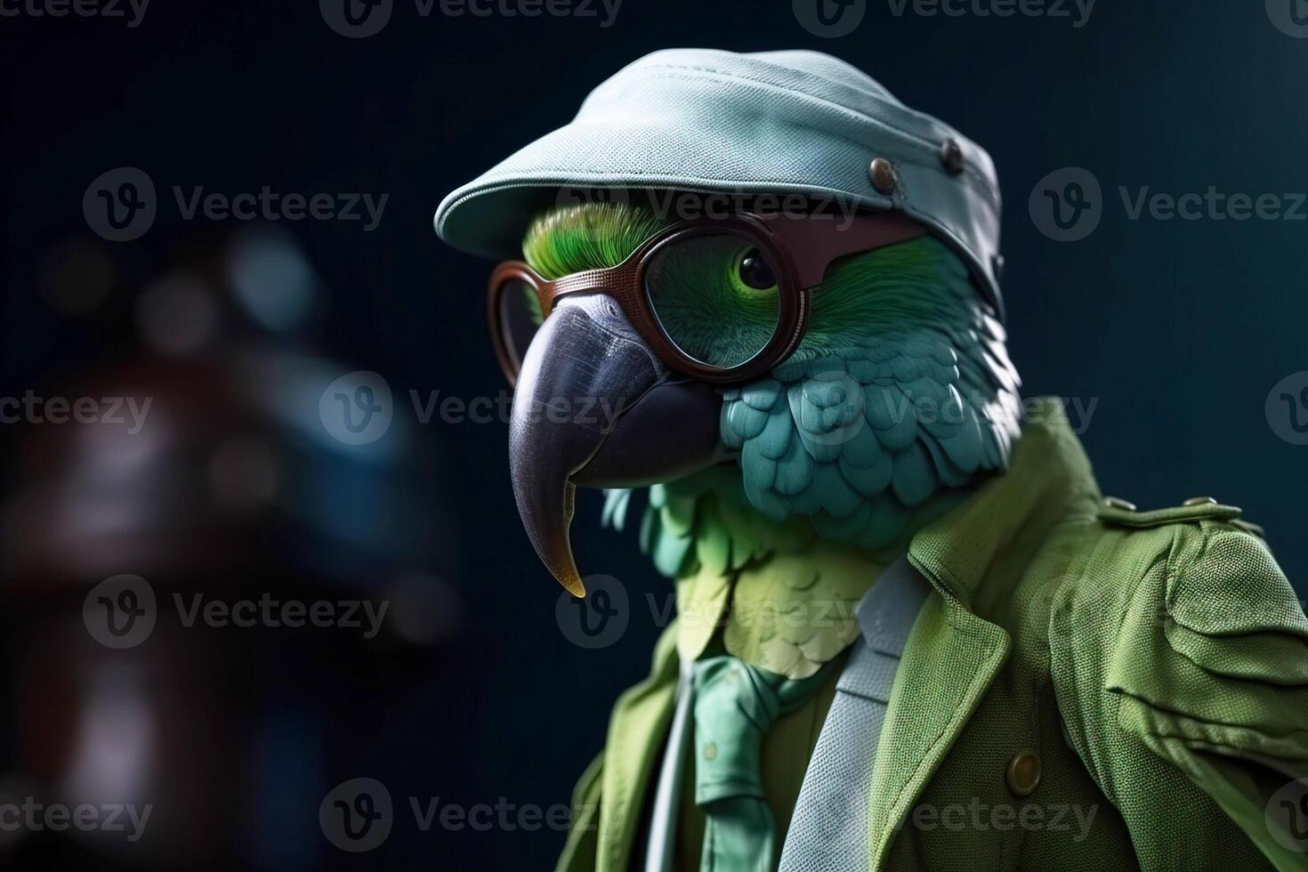 Mr green parrot gentleman in boss hat and scientist. . photo