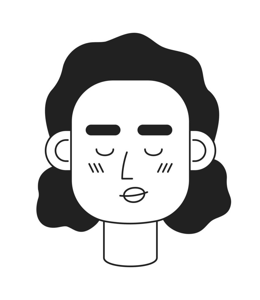 Relieved lady with closed eyes monochromatic flat vector character head. Editable black white cartoon face emotion. Hand drawn lineart ink spot illustration for web graphic design, animation