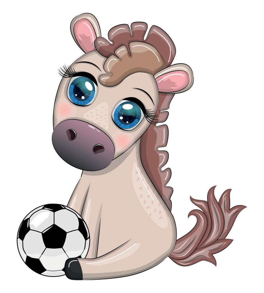 Cute horse with soccer ball. Child character, games for boys vector