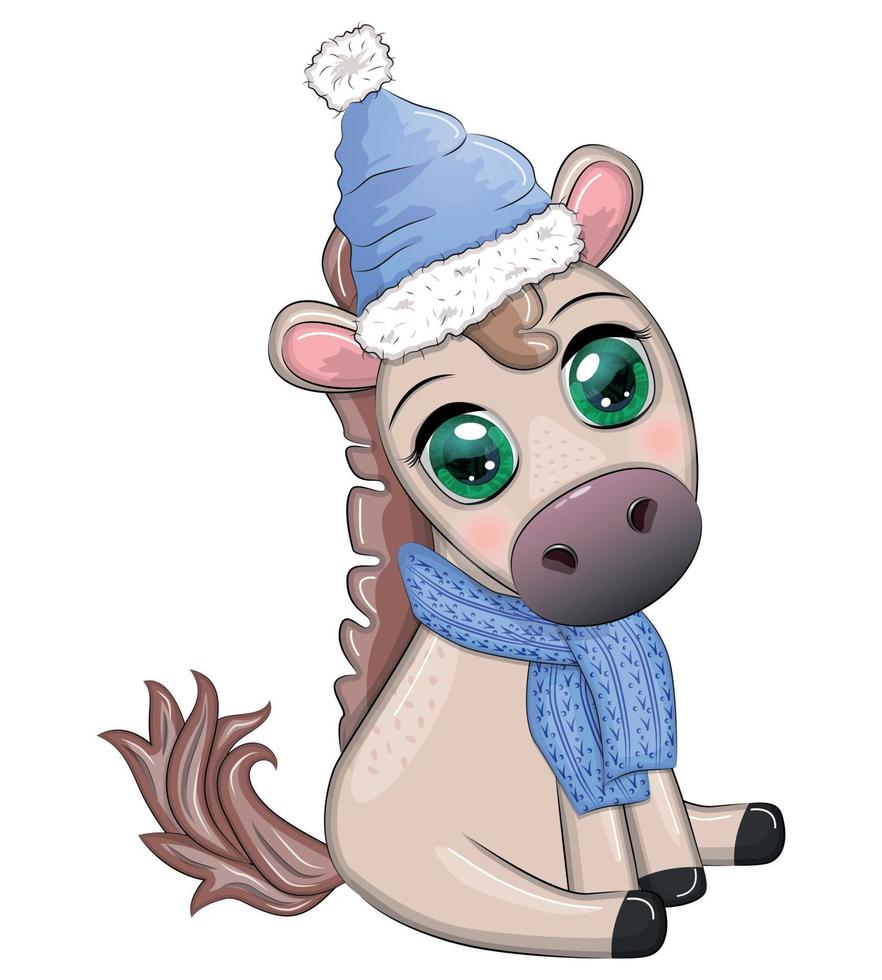 Cute horse, pony in Santa's hat with candy kane, Christmas ball, gift, ice skating. Winter, Christmas vector