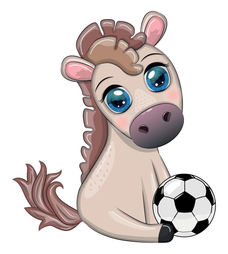 Cute horse with soccer ball. Child character, games for boys vector