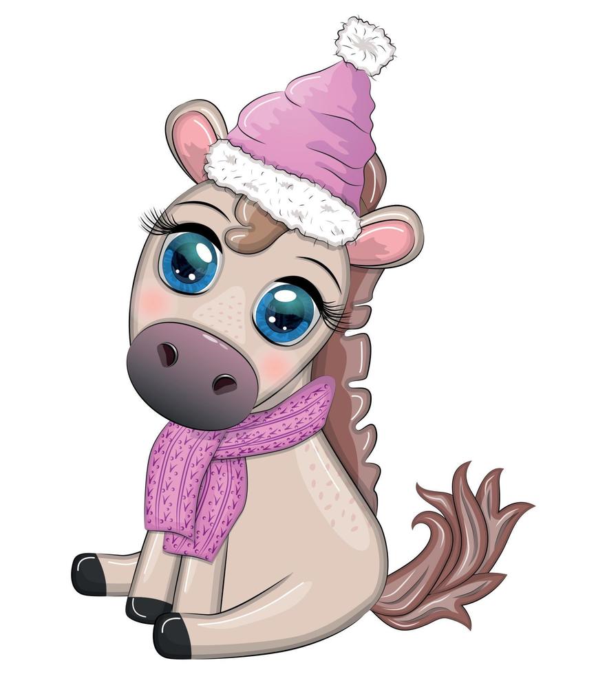 Cute horse, pony in Santa's hat with candy kane, Christmas ball, gift, ice skating. Winter, Christmas vector