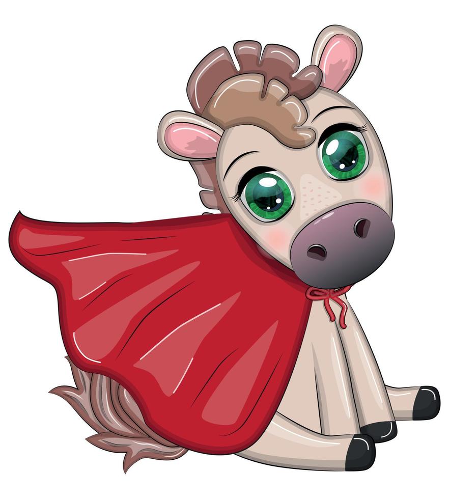 Cute horse, pony superhero in red raincoat rescuer vector