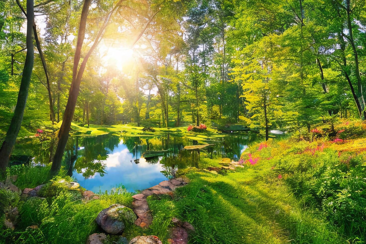 The landscape of park with a pond at morning with . photo