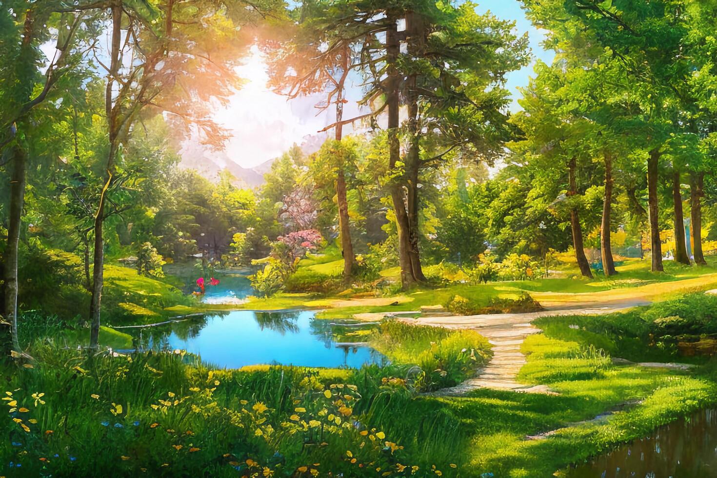 The landscape of park with a pond at morning with . photo