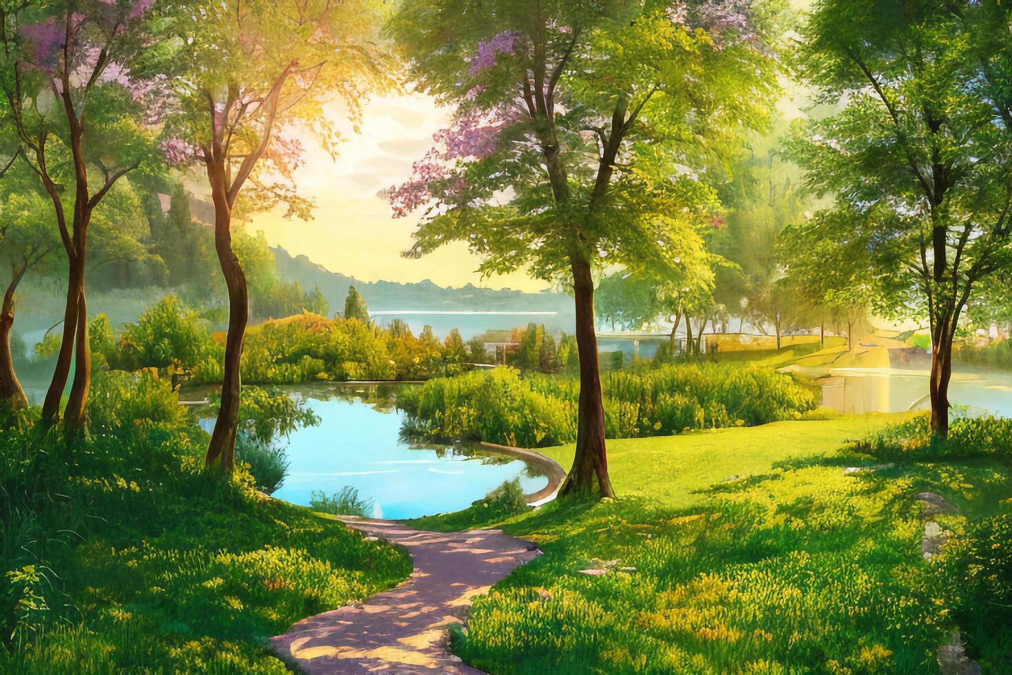 The landscape of park with a pond at morning with . photo