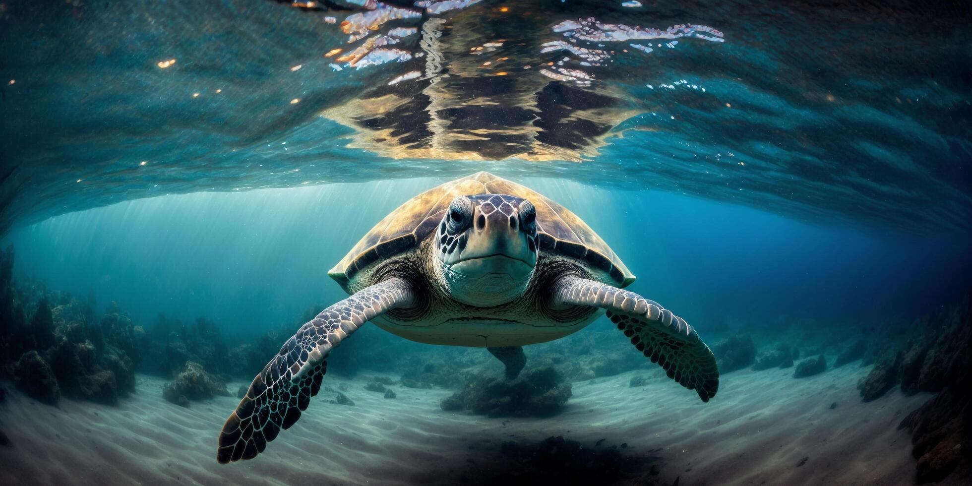 The turtle is swimming in underwater of the sea with . photo