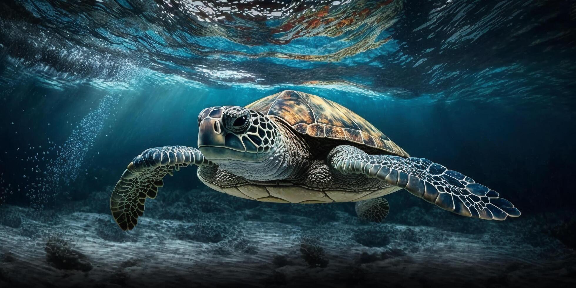 The turtle is swimming in underwater of the sea with AI generated. photo