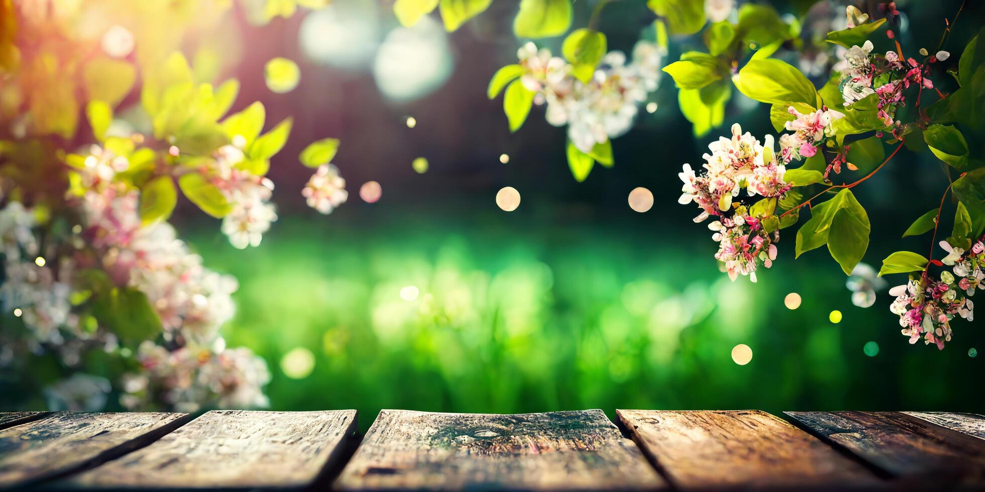 The blossoms are on the table in the garden with . photo