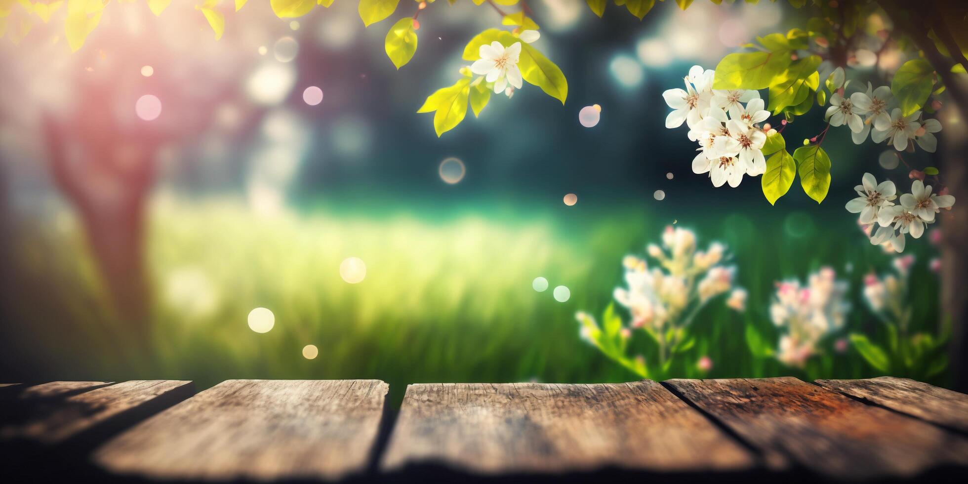 The blossoms are on the table in the garden with . photo