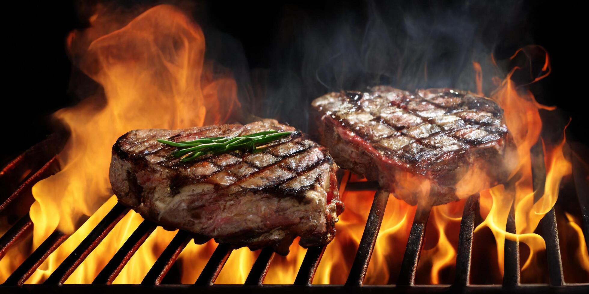 The grilled steak on the grill with frame and . photo