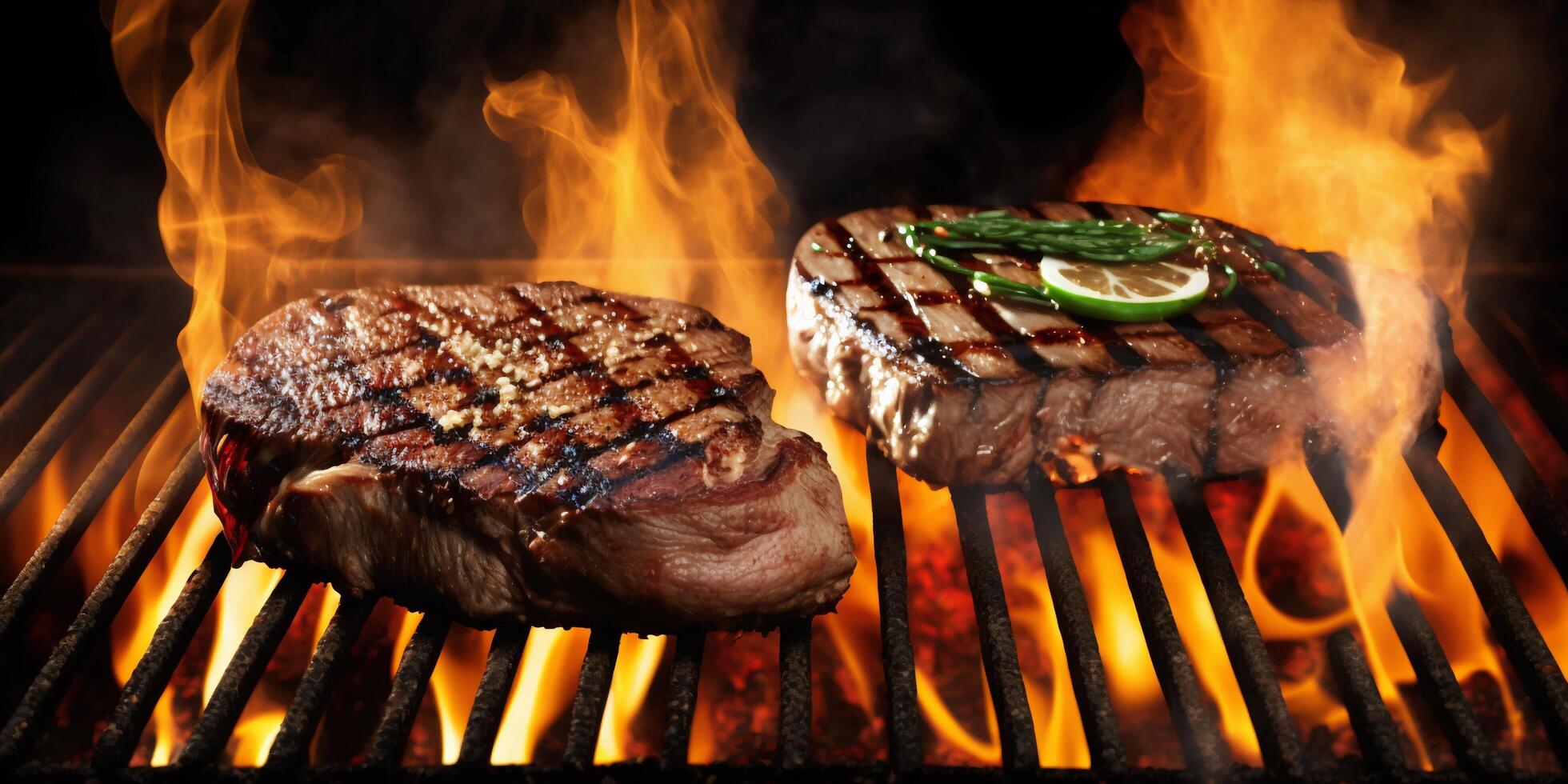 The grilled steak on the grill with frame and . photo