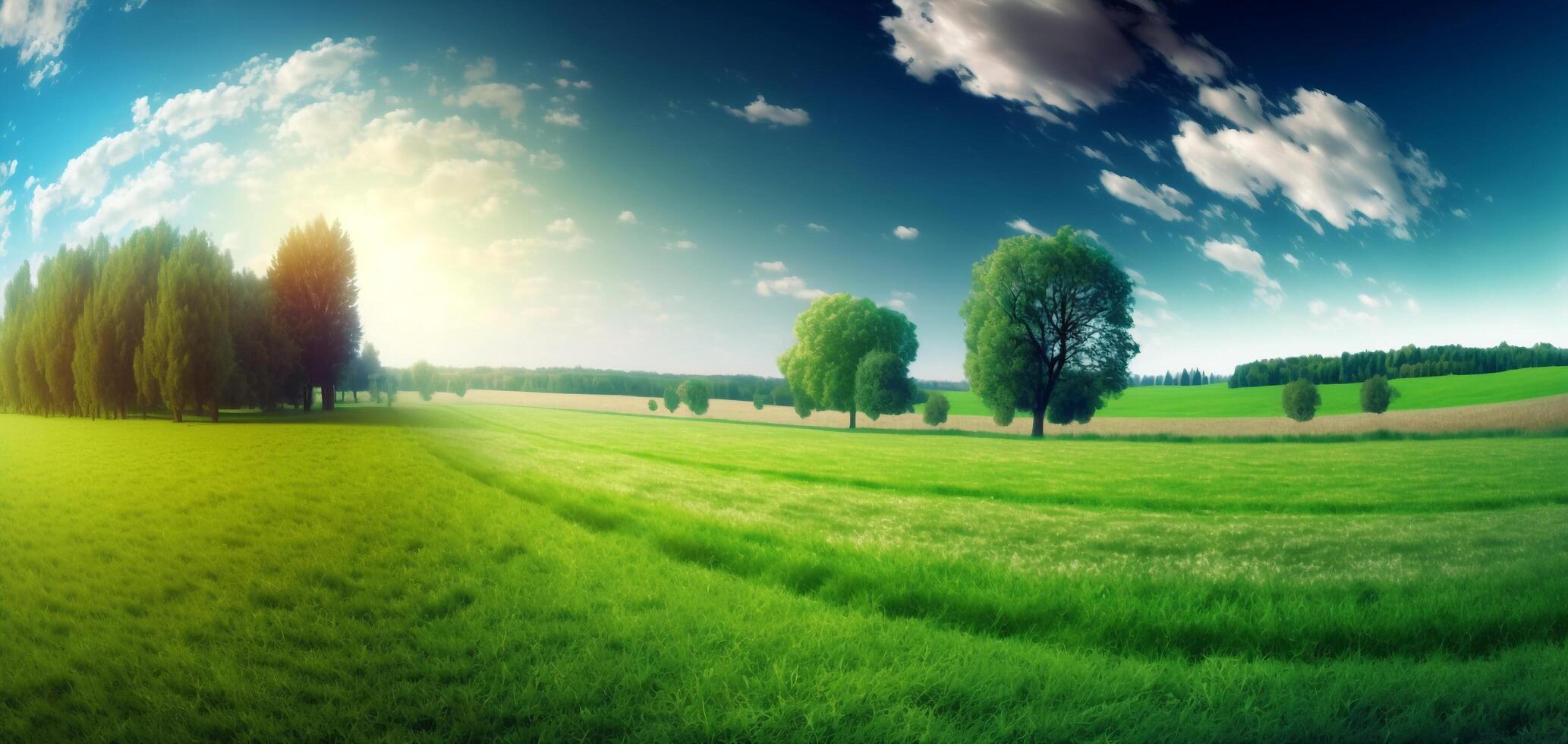 The landscape of natural grass field and trees with . photo
