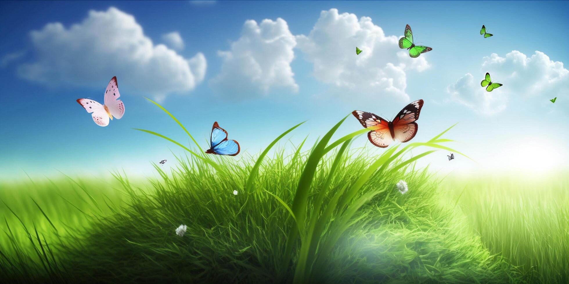 The landscape of green grass field and butterflies with . photo