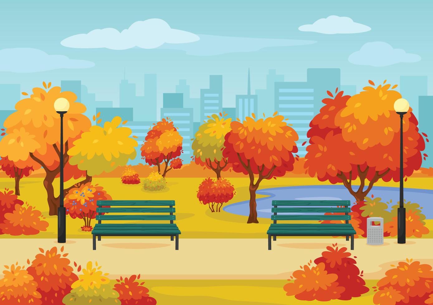 Cartoon autumn city park street with benches, trees and bushes. Fall season outdoor scene parks walkway, yellow and red tree vector illustration