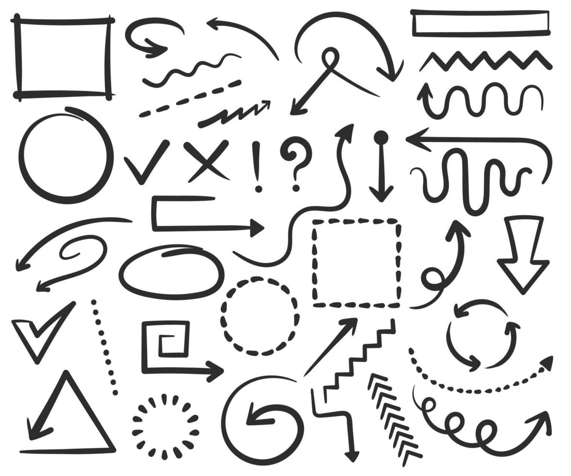 Doodle arrows and frames, hand drawn circles, square shapes. Sketch arrow, border, frame, check mark, pointer scribble drawing vector set