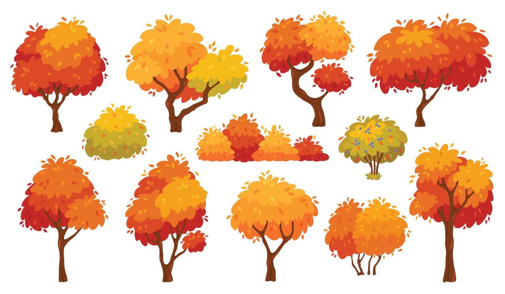 dibujos animados otoño arboles y arbustos, amarillo bosque árbol. naturaleza plantas con rojo follaje y hojas. otoño temporada arboles para parque o jardín vector conjunto