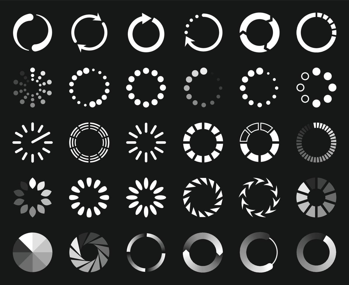 Circle loader icon, buffer, upload and download progress bar. Circular preloading, progression bars, website buffering icons vector set