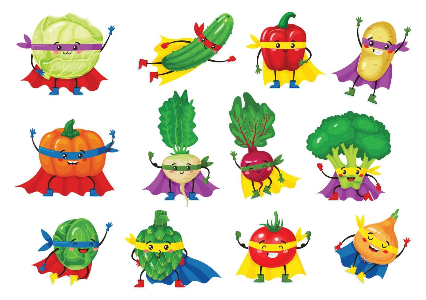 Vegetable hero characters. Funny tomato, broccoli, cucumber in superhero capes. Cute smiling vegetables superheroes mascot vector set