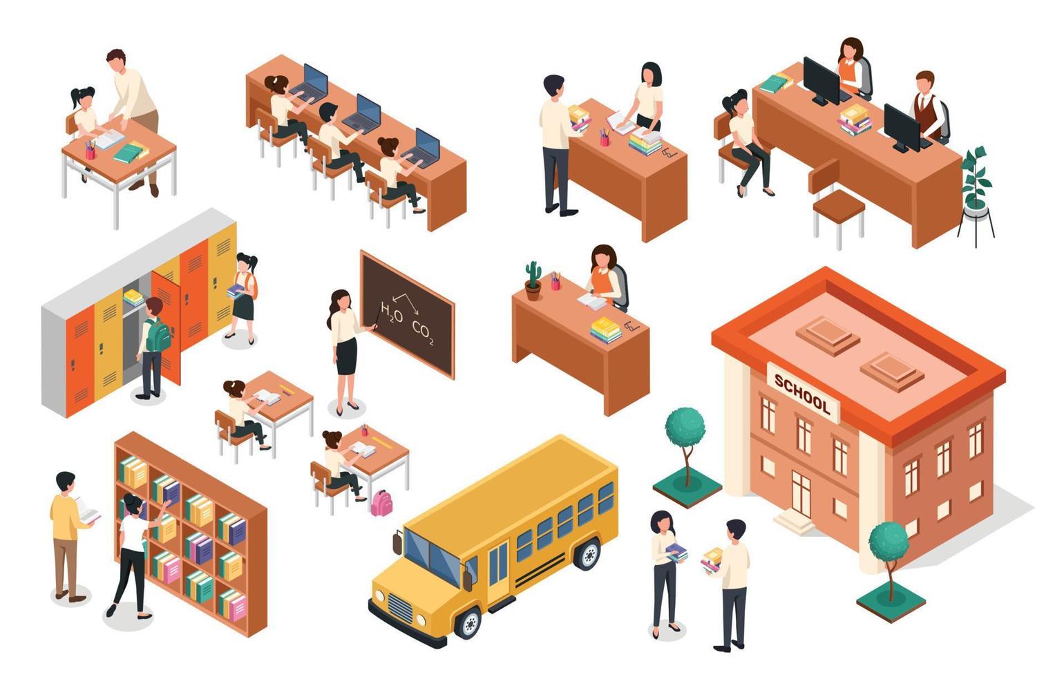 Isometric school. Teacher at blackboard, pupils sitting at desks. School building and bus, classroom furniture. Teachers and students vector set