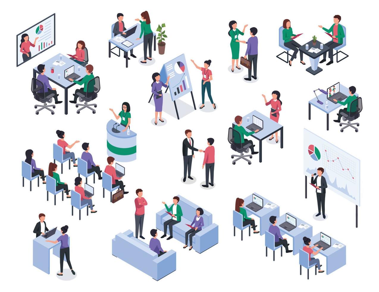 Isometric office meeting, business training, coaching and mentoring. Leader presenting new project. Educational business seminars vector set