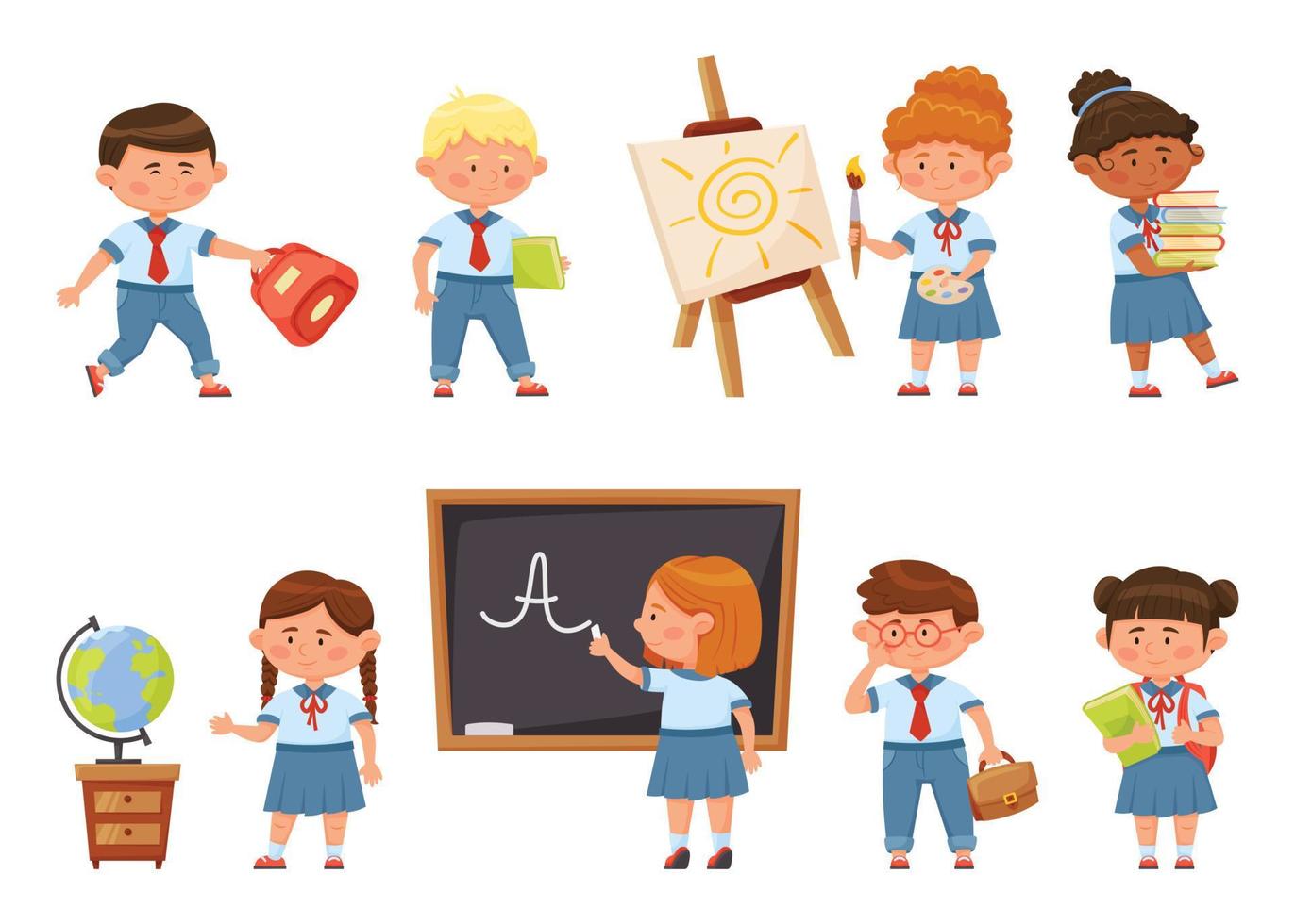 Cartoon school children in uniform, kids students with backpacks. Back to school. Happy boys and girls pupils holding books vector set