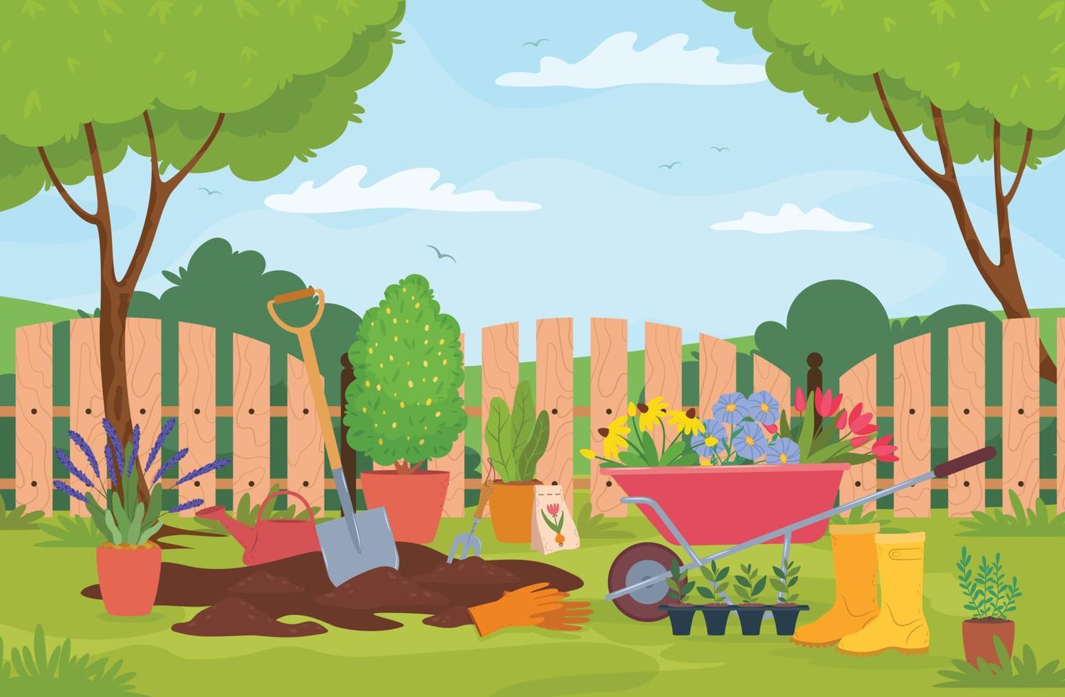 Garden landscape with plants, trees, fence and gardening tools. Wheelbarrow with flowers, plant seeds, shovel. Spring garden vector illustration