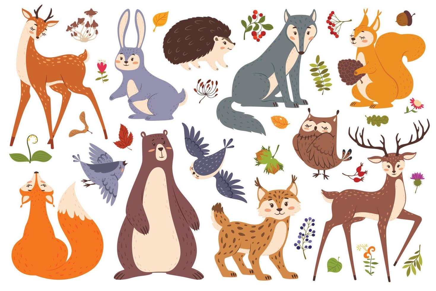 bosque fauna silvestre animales y aves, linda bosque animal. ciervo, zorro, oso, ardilla, erizo, lobo, Conejo. bosque hojas, bayas vector conjunto