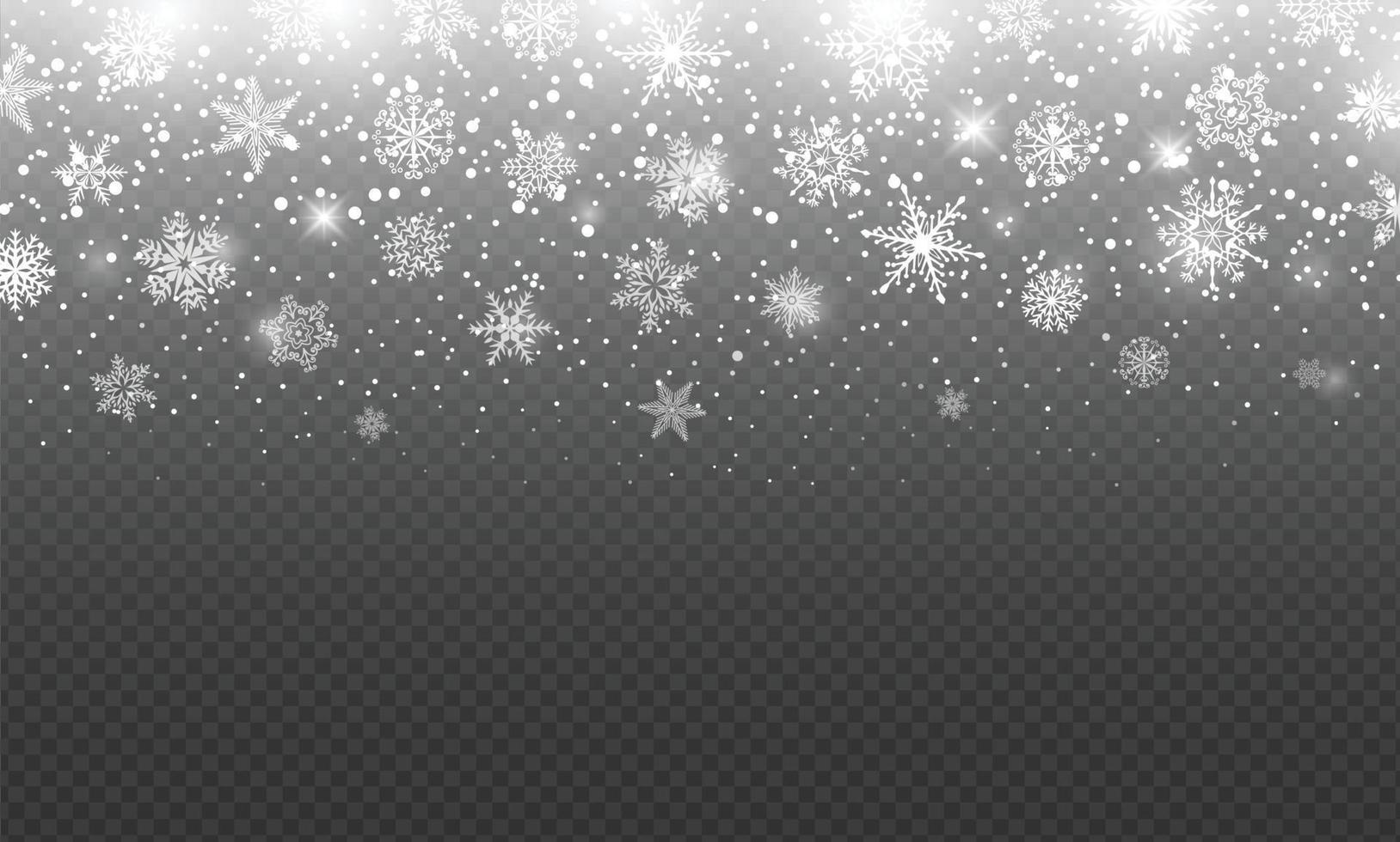 Falling snowflakes and frosted snow, heavy snowfall overlay. Christmas snowfall with ice flakes, snow crystals. Winter snowy vector background
