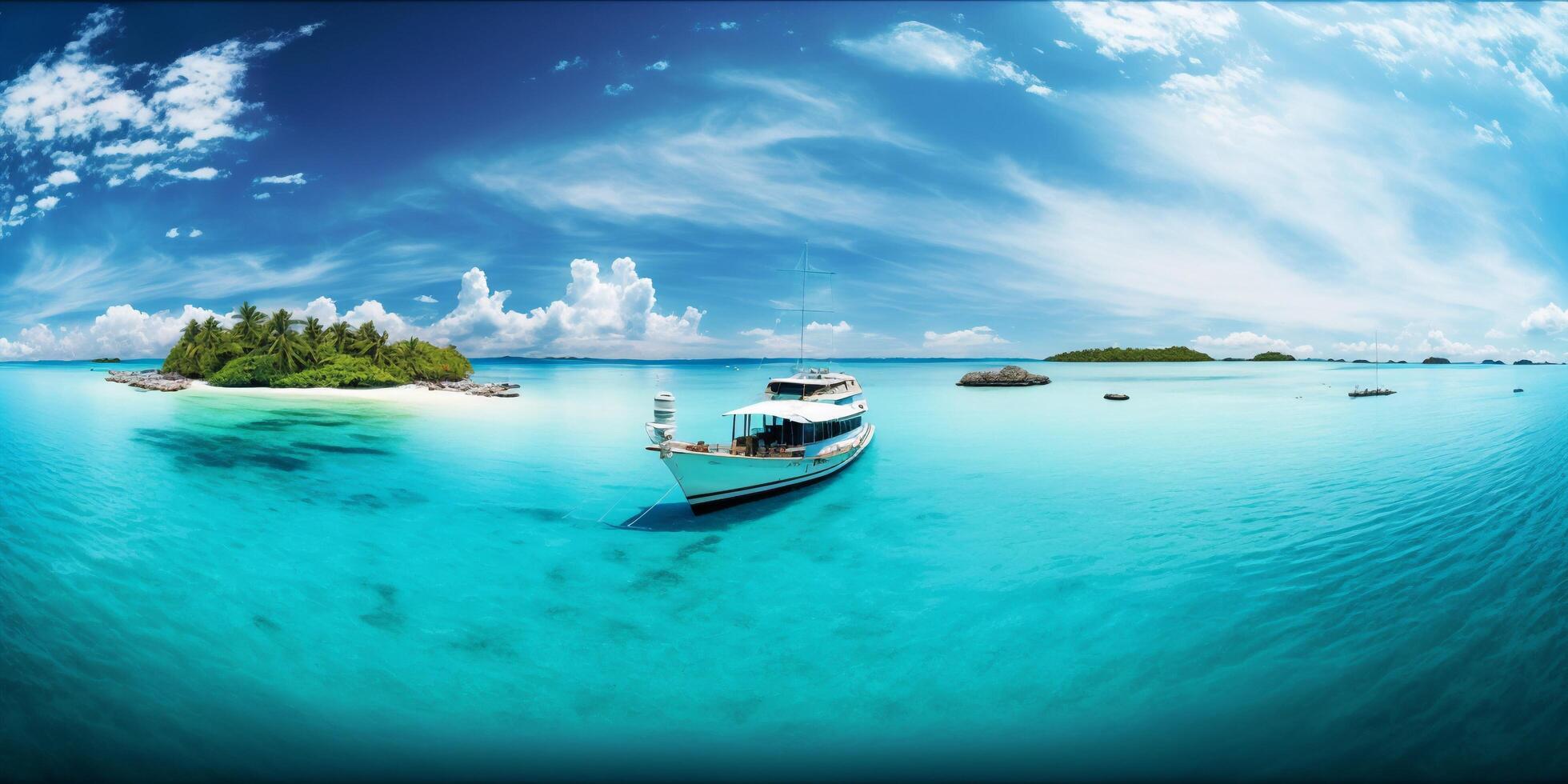 el paisaje de tropical mar y isla con un barco y ai generado. foto