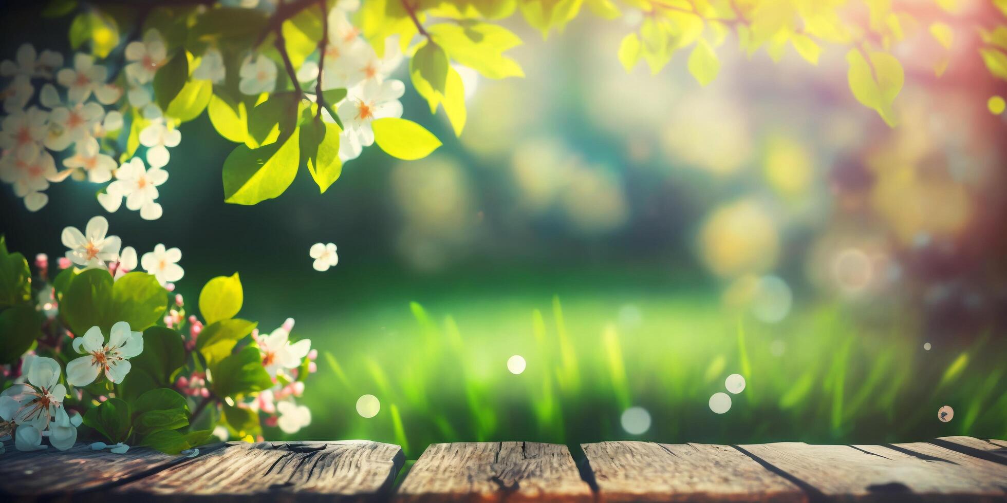 The blossoms are on the table in the garden with . photo