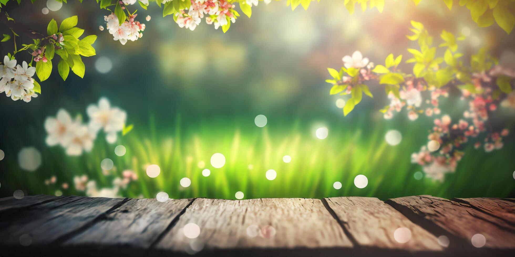 The blossoms are on the table in the garden with . photo