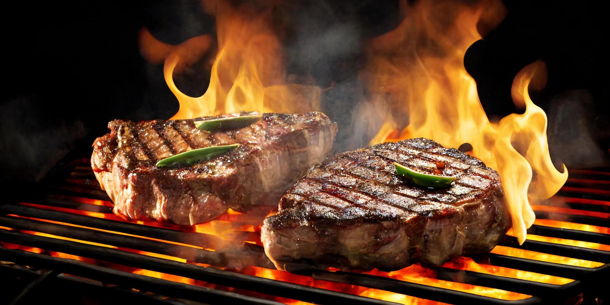 The grilled steak on the grill with frame and . photo