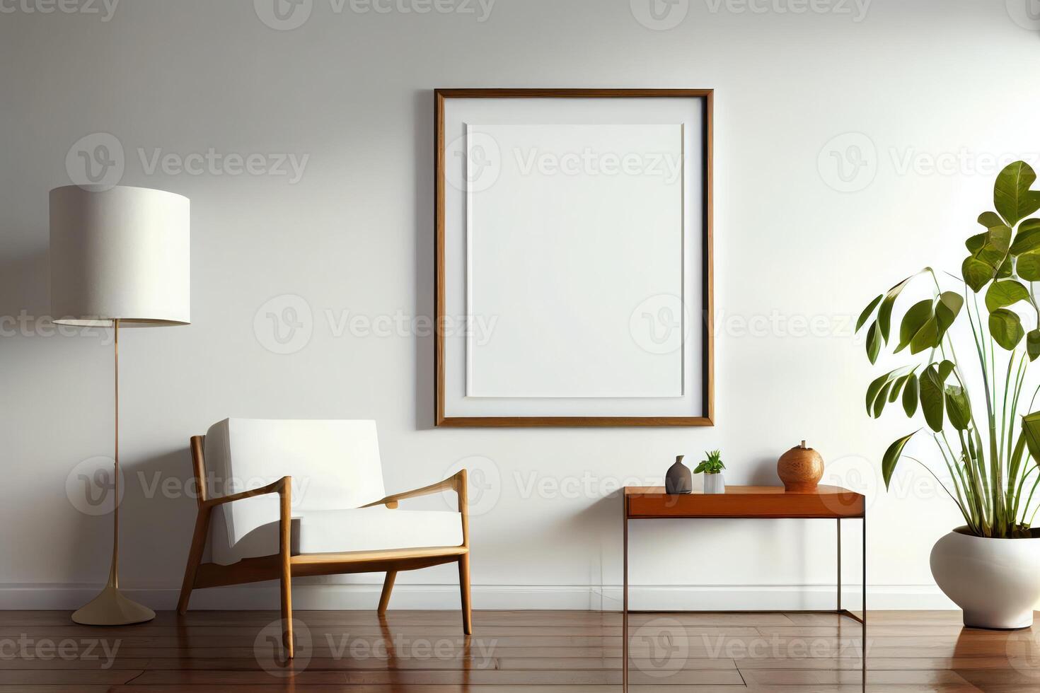 Empty frame on wall mockup in modern room with natural light . photo