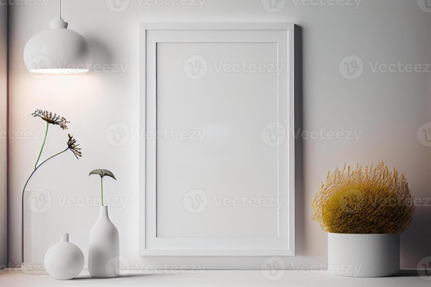 white frame mockup on the wall, minimalistic thin frame, day light, white wall, minimalistic, scandinavian style . photo
