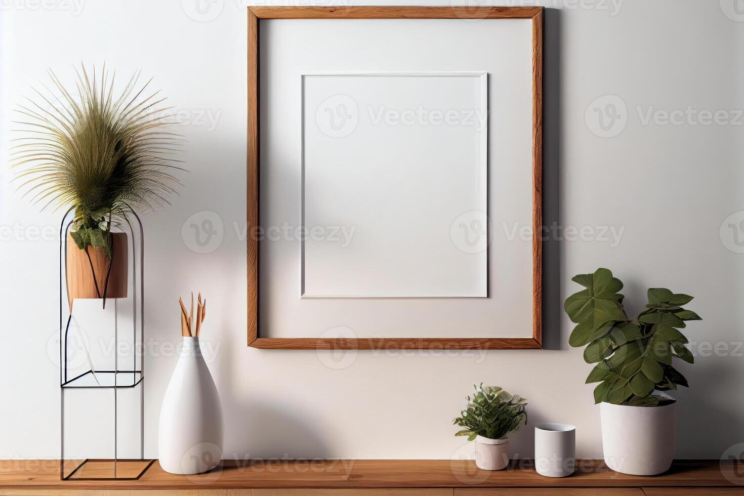 wooden frame mockup on the wall, minimalistic thin frame, day light, white wall, minimalistic, scandinavian style . photo