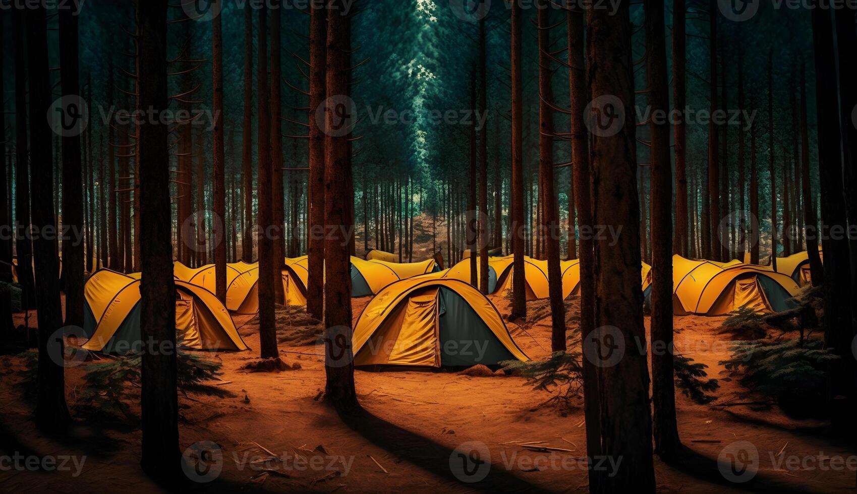 summer camp in the pine forest,view of camping tents among the pine trees , photo