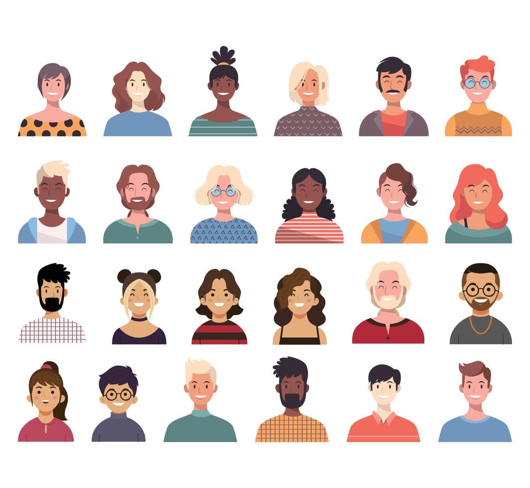 Vector illustration of smiling people avatar set. Collection of different male and female characters