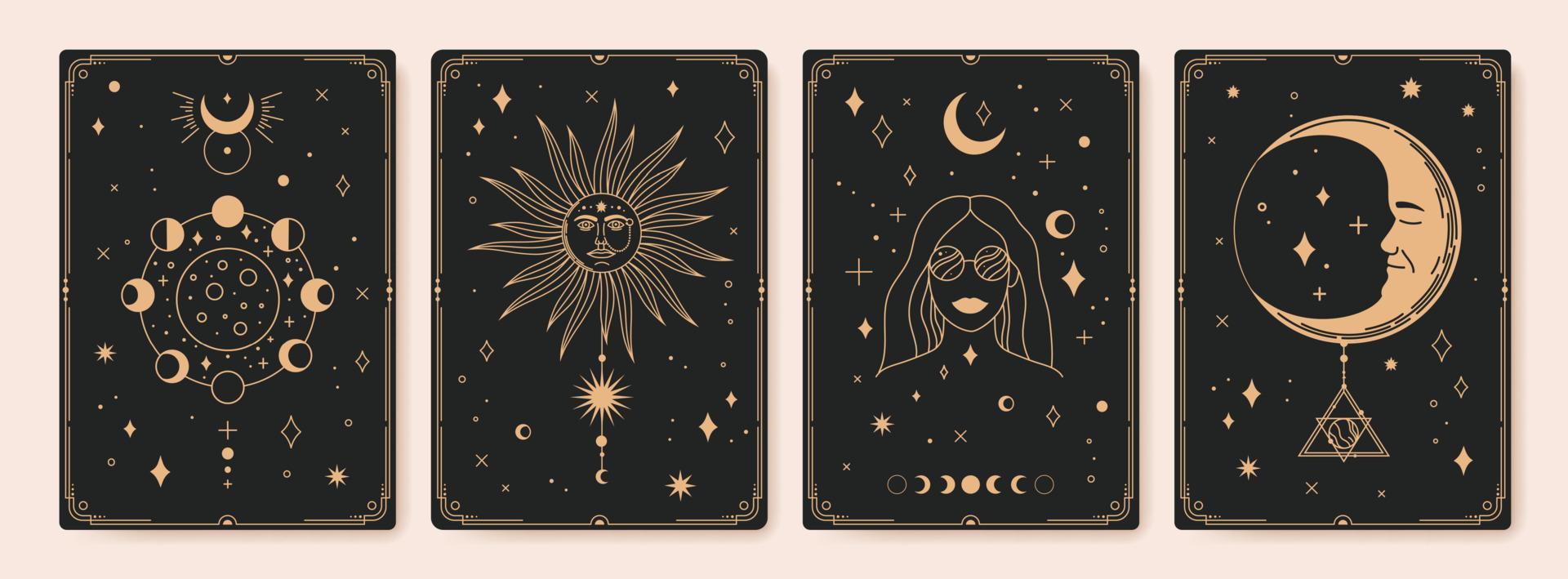 Mystical astrology tarot cards, bohemian occult card. Vintage engraved esoteric cards with moon phases, sacred sun and stars vector set