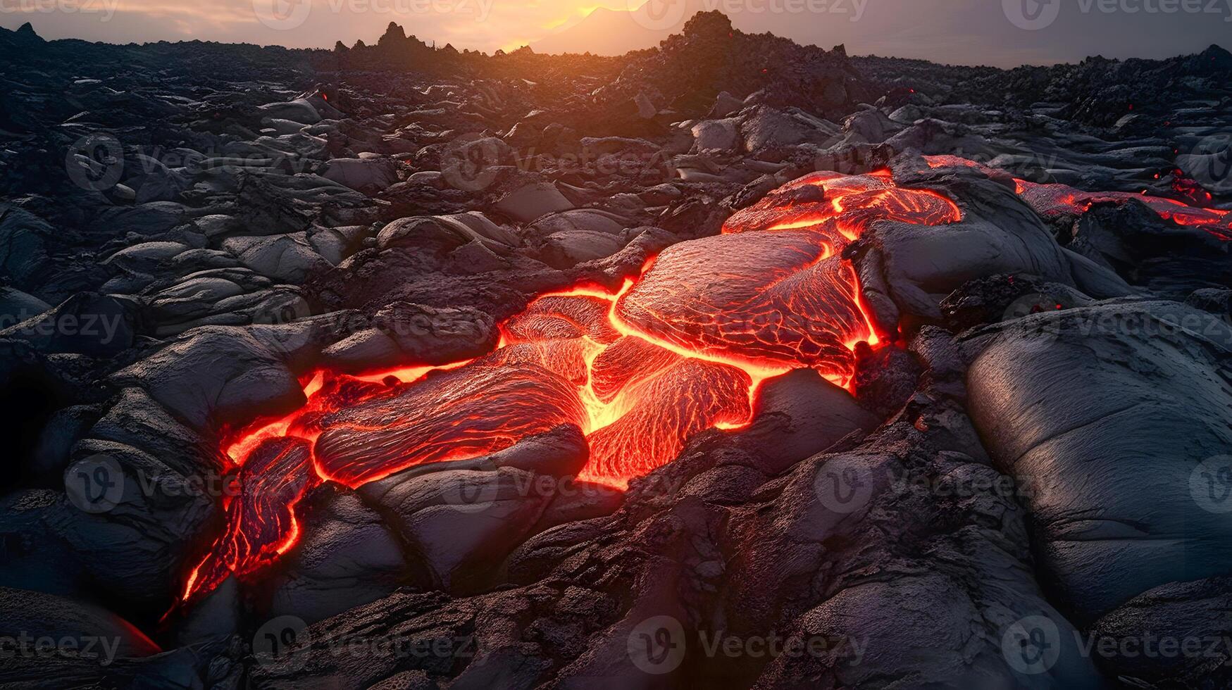 Red lava on a black volcanic ground. photo