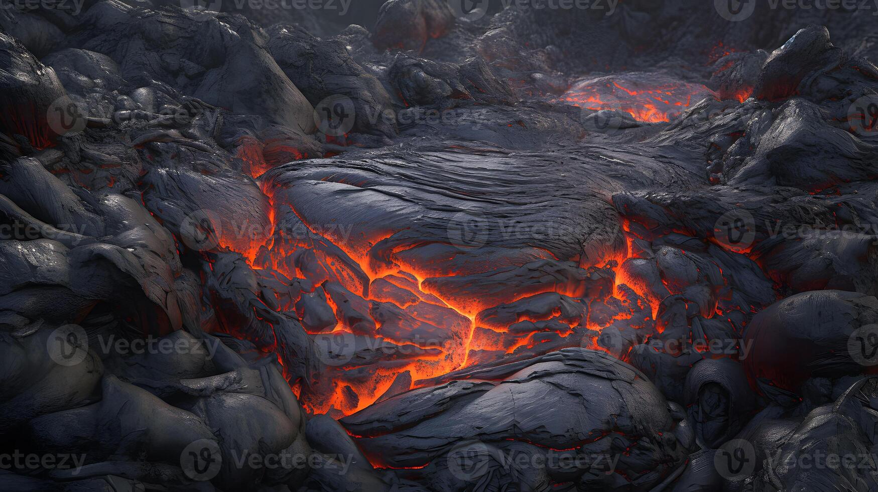 Red lava on a black volcanic ground. photo