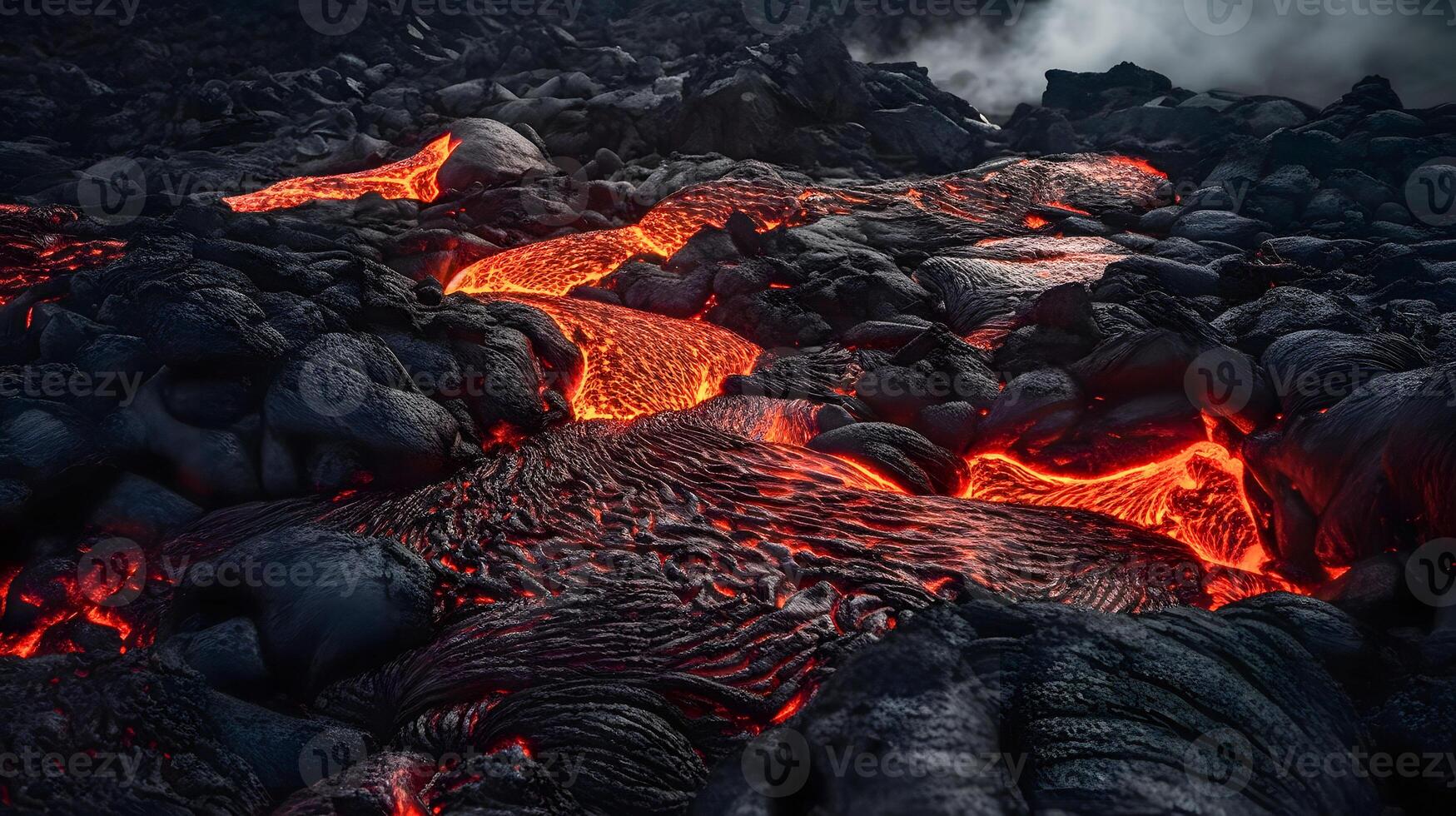 Red lava on a black volcanic ground. photo