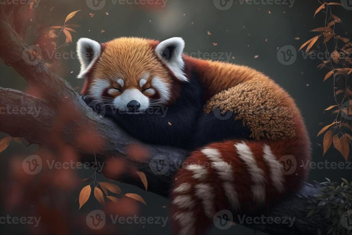 a sleepy red panda nestled in a tree, with its eyes closed and paw resting on a branch. photo