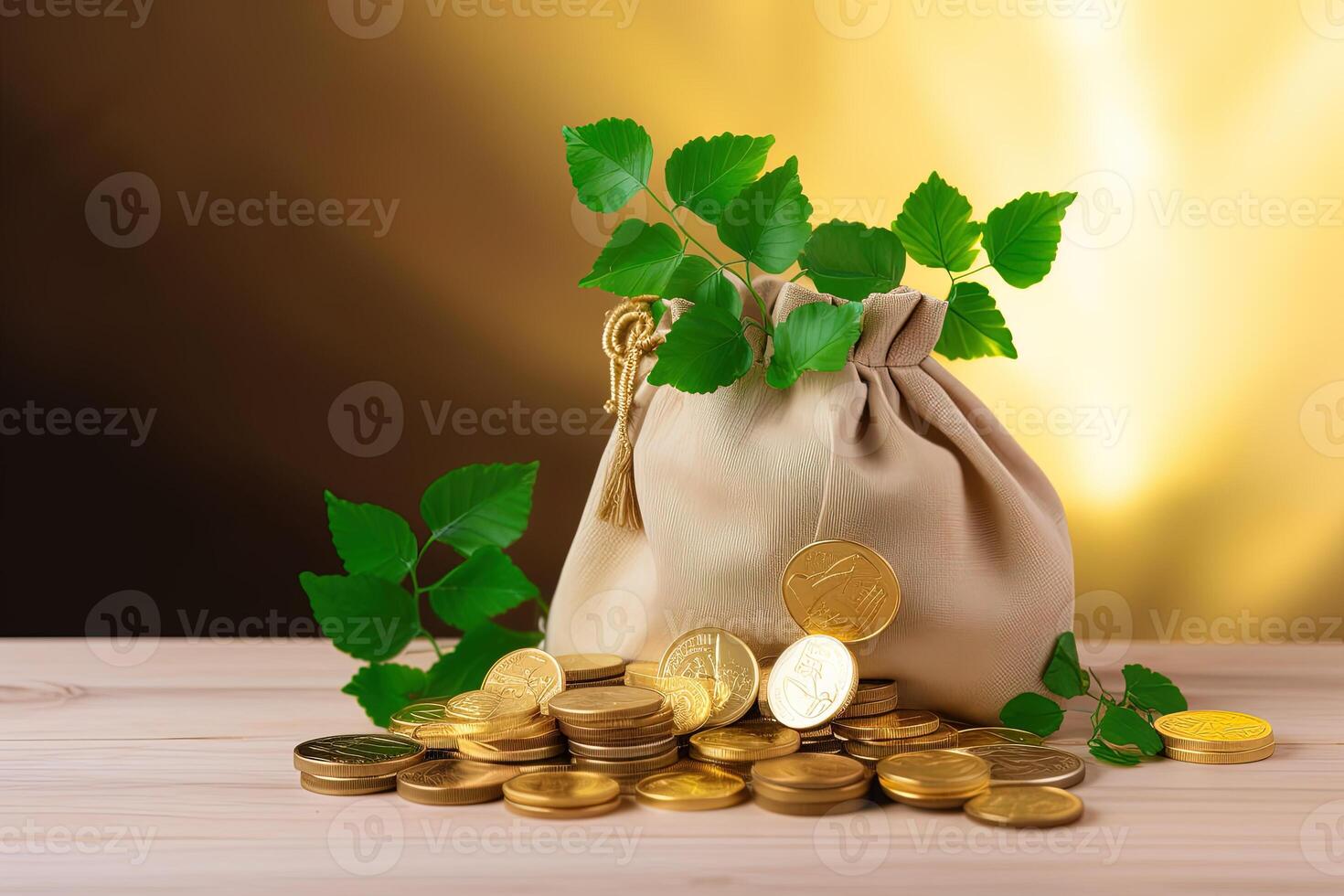 a bag of gold coins with a plant growing out of it. photo