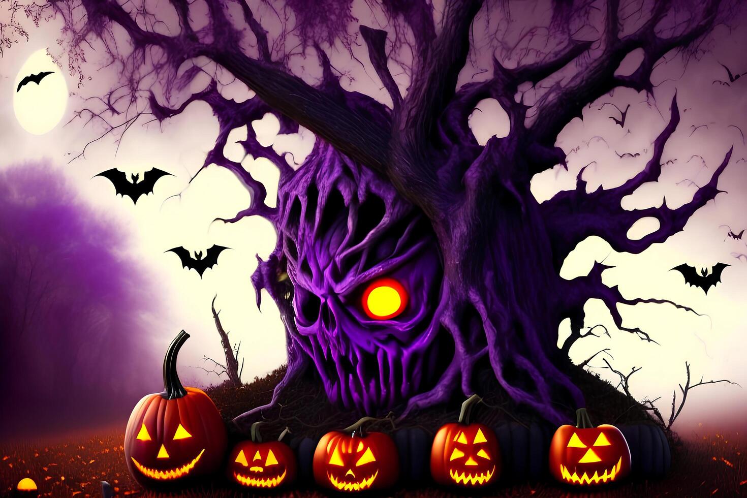 A Halloween scene with a tree and a pumpkin with a face and a scary face photo