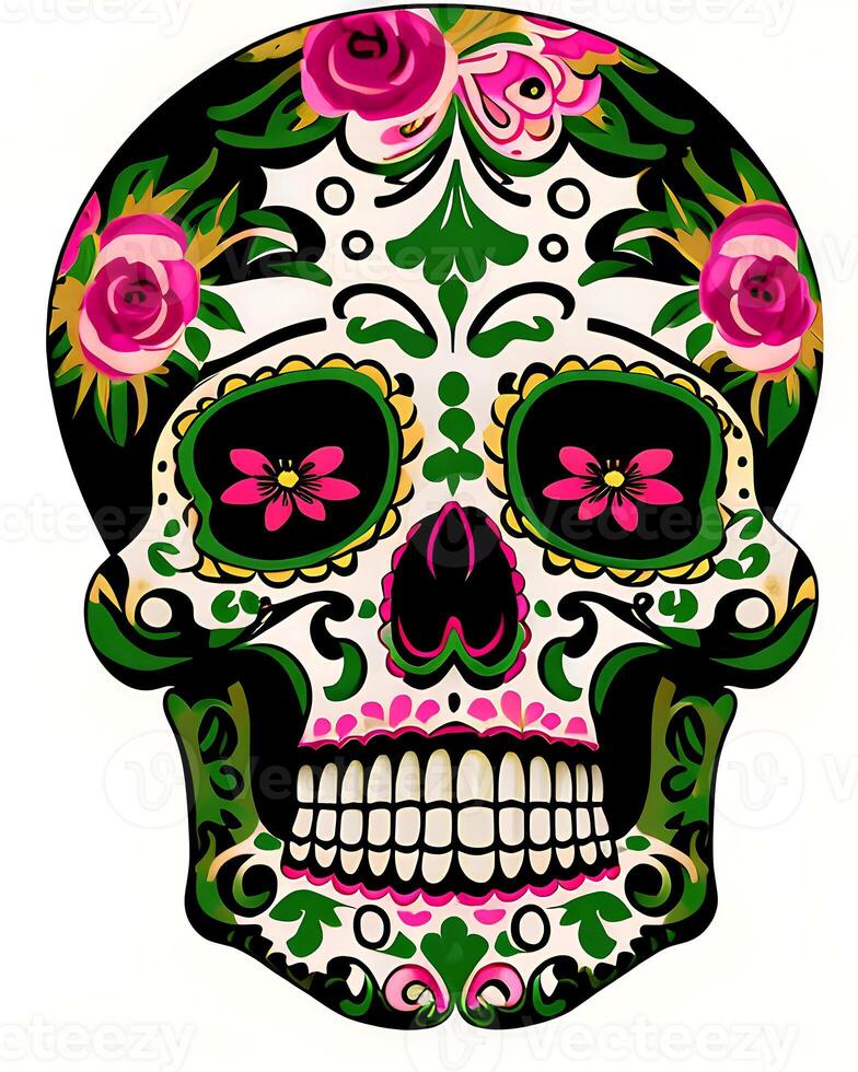 A colorful sugar skull with pink flowers and green leaves. photo