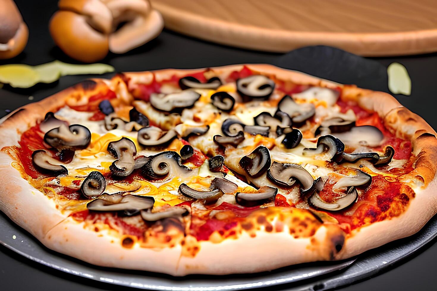 A pizza with mushrooms on it and a wooden cutting board behind it photo