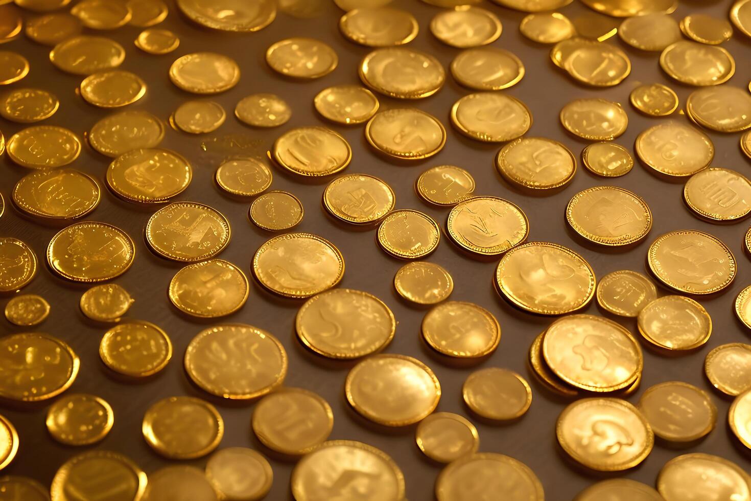 A pile of gold coins are on a table. photo