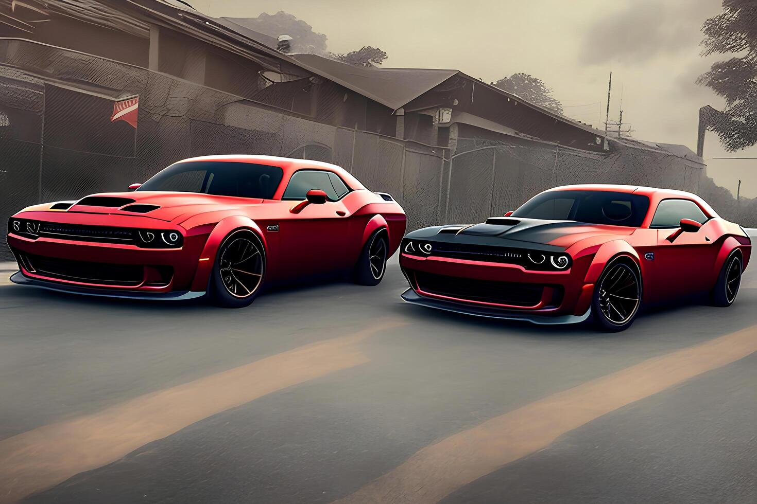 Two dodge vehicles are parked in front of a building with a sign that says dodge. photo